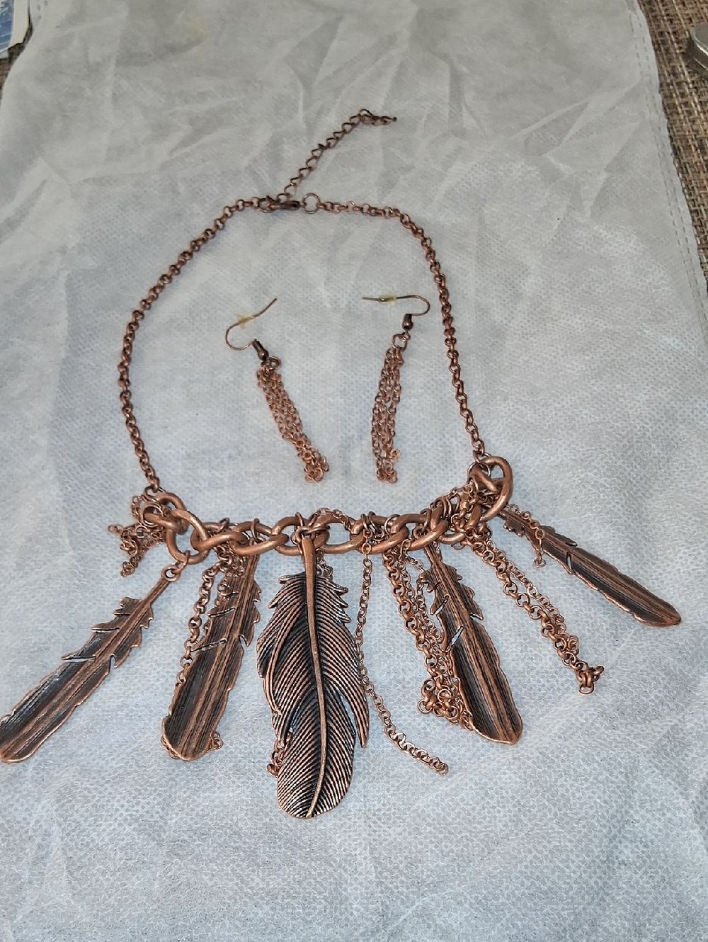 paparazzi Copper Feather Cascade Necklace and Chain Drop Earrings